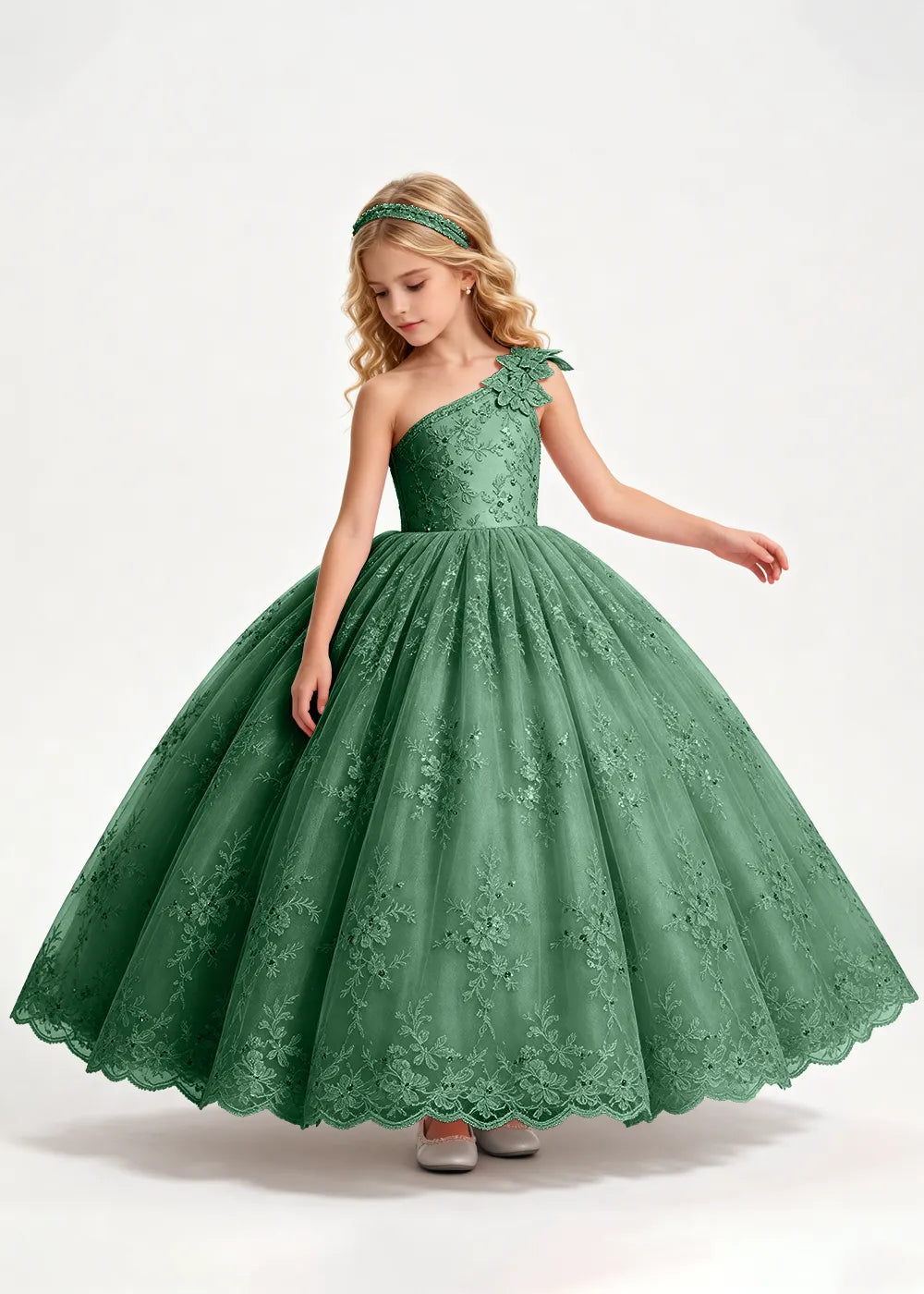Navy One-Shoulder Flower Girl Gown with Scalloped Lace