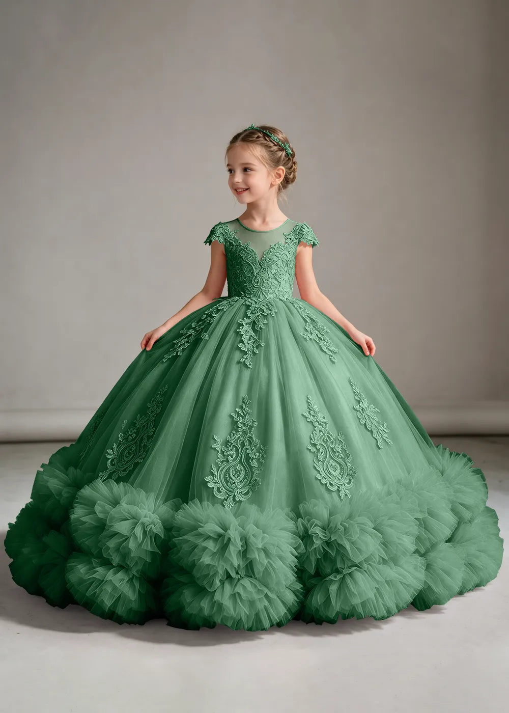 Navy Flower Girl Ball Gown with Floral Bodice and Ruffle Hem