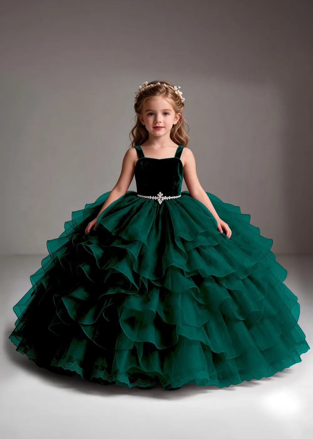 Burgundy Flower Girl Dress with Cascading Ruffles and Jeweled Waist