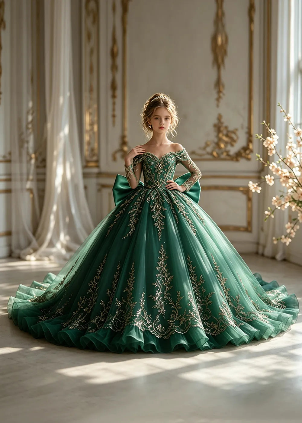 Off-Shoulder Sequin Lace Flower Girl Dress with Bow and Flounced Hem