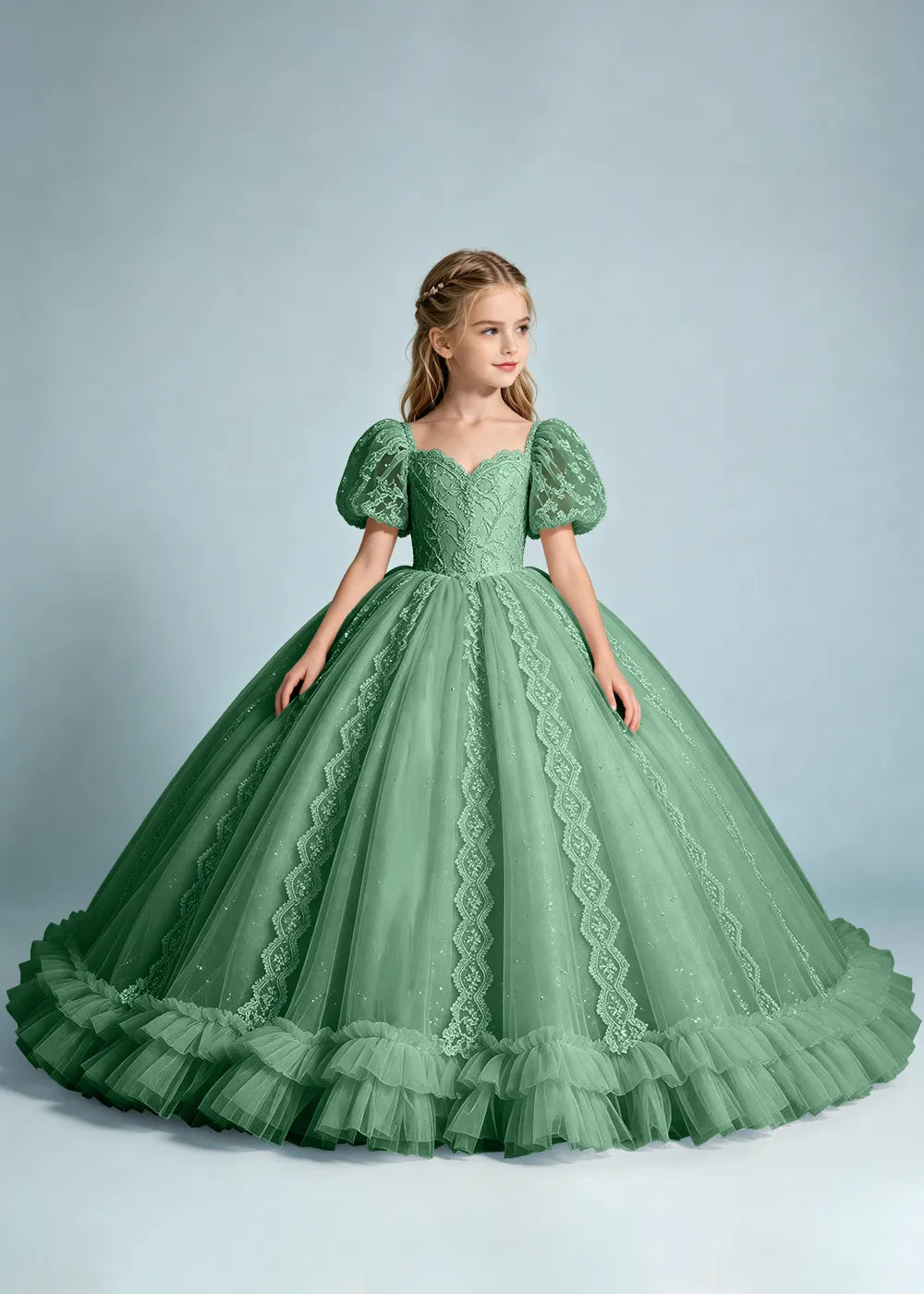 Navy Flower Girl Gown with Lace Puff Sleeves and Ruffled Hem
