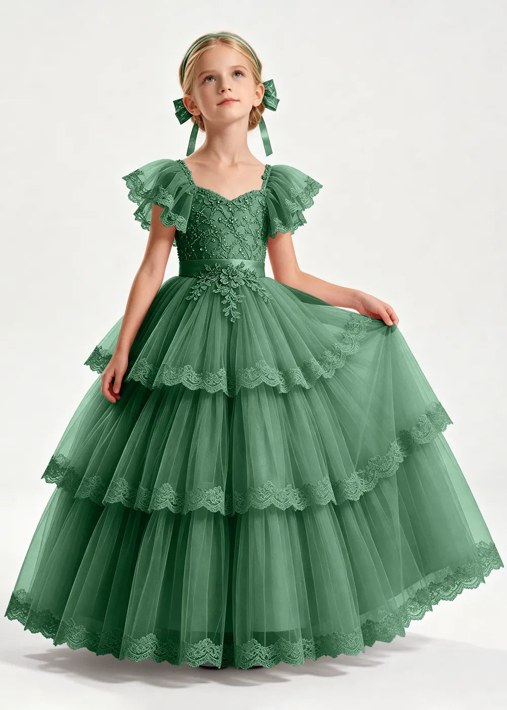 Navy Flower Girl Ball Gown with Three Lace-Edged Tiers