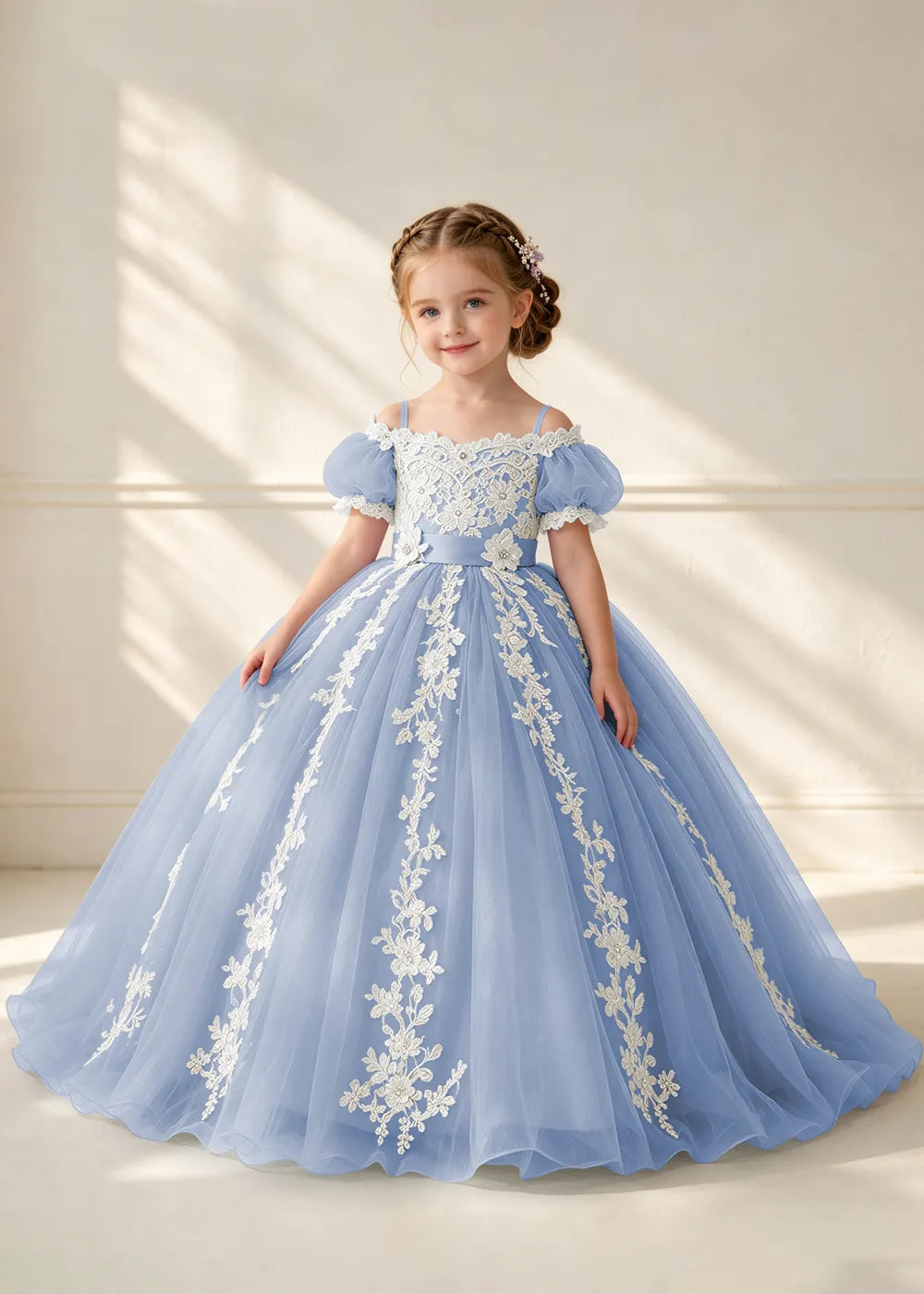 Puff Sleeve Floral Lace Princess Dress for Girls