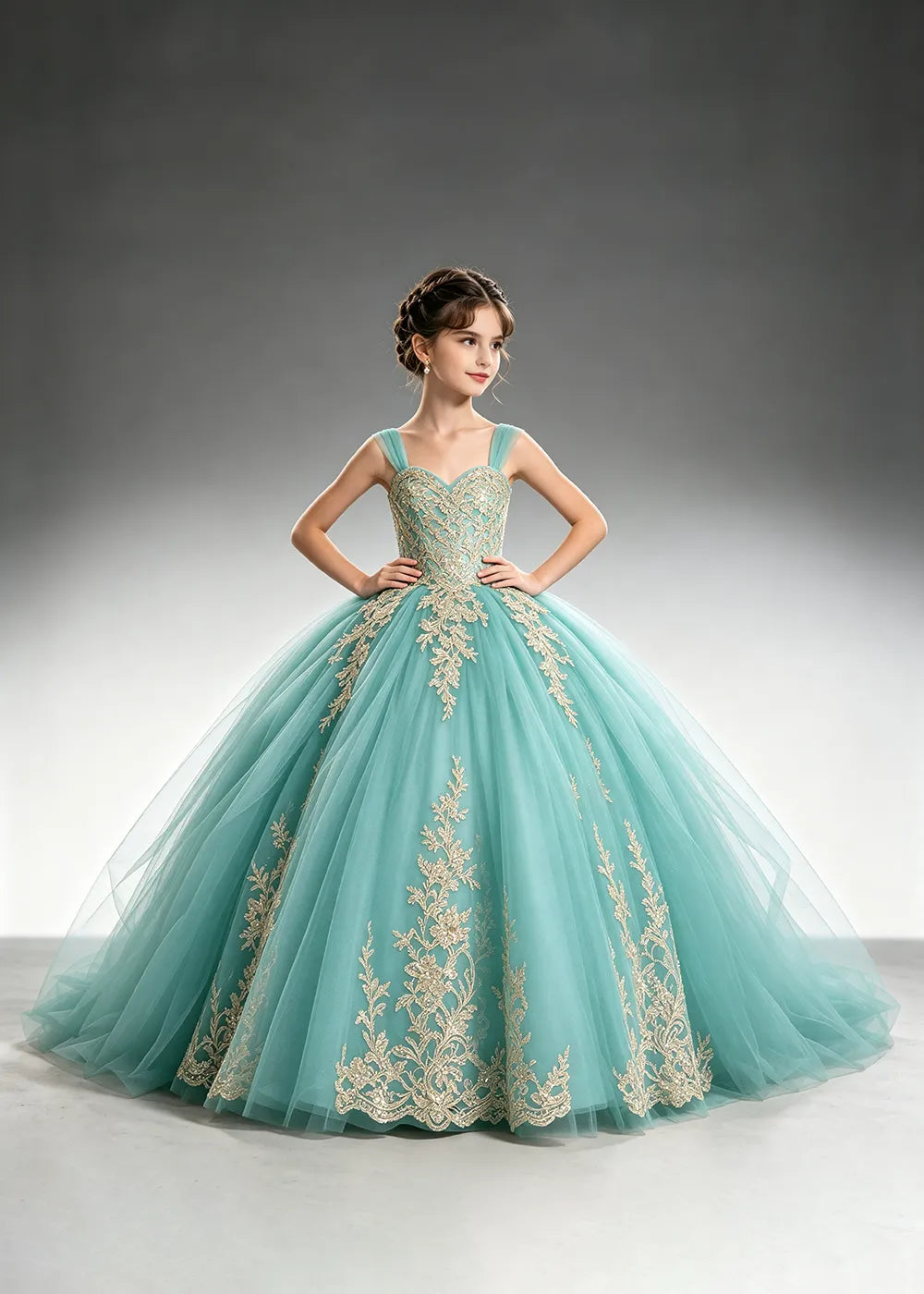 Metallic Appliqué Flower Girl Ball Gown Dress