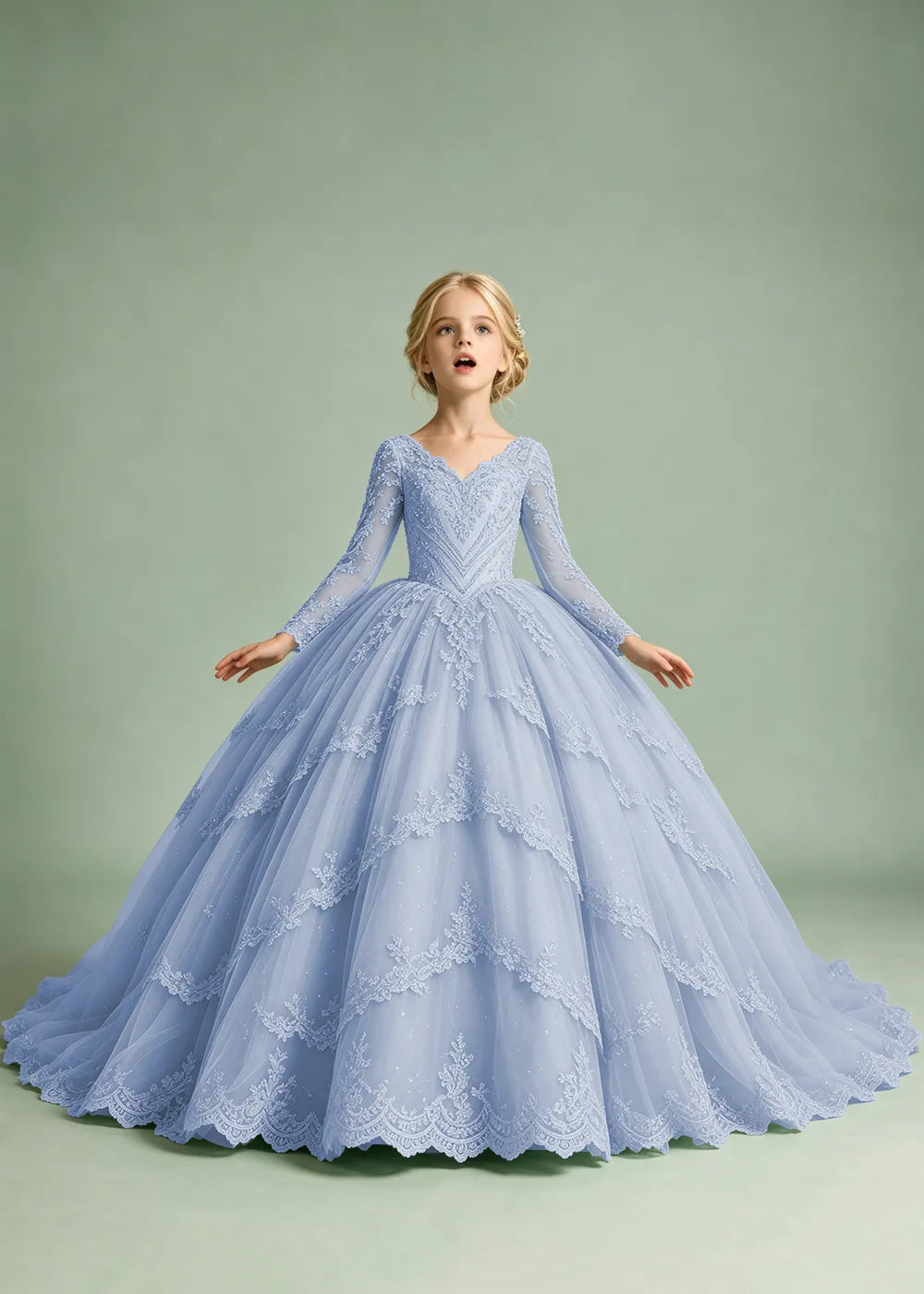 Long Sleeve Floral Lace Flower Girl Ball Gown Dress