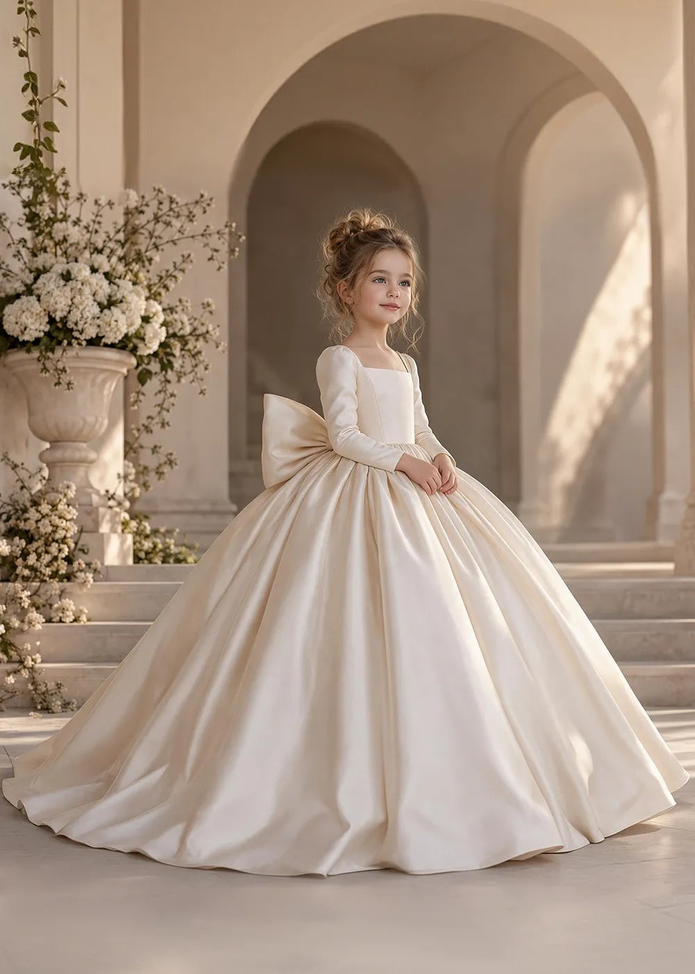Ivory Long-Sleeve Flower Girl Dress with a Square Neckline and Bow
