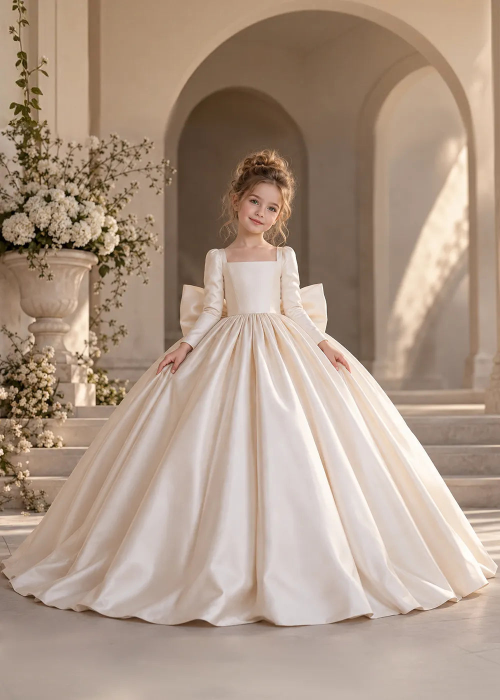Ivory Long-Sleeve Flower Girl Dress with a Square Neckline and Bow