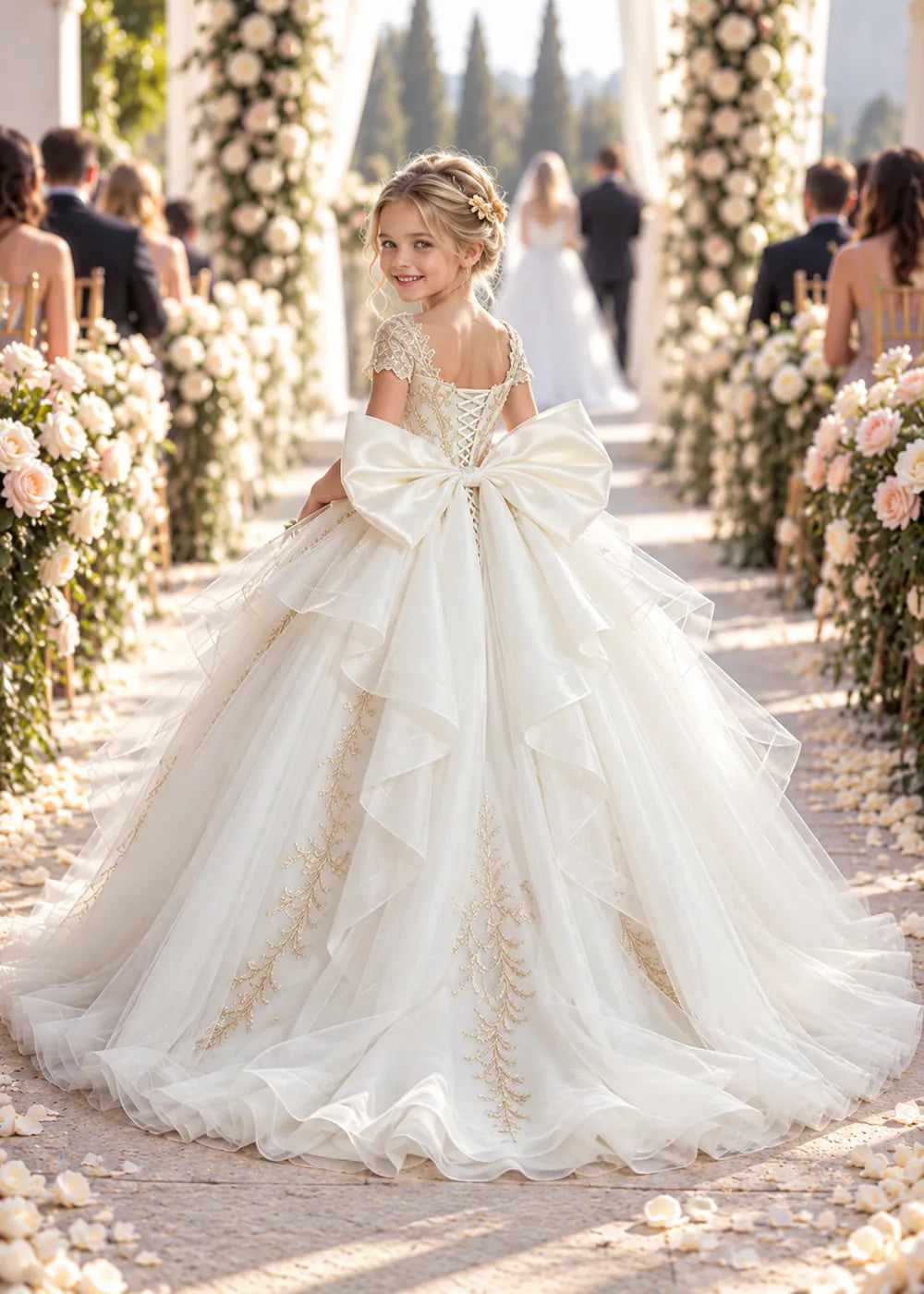 Cap Sleeve Sequin Bodice Flower Girl Dress with Bow and Gold Embroidery