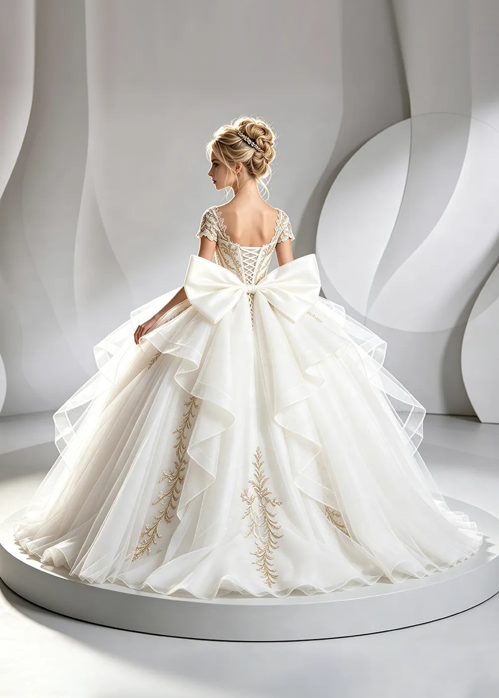 Cap Sleeve Sequin Bodice Flower Girl Dress with Bow and Gold Embroidery