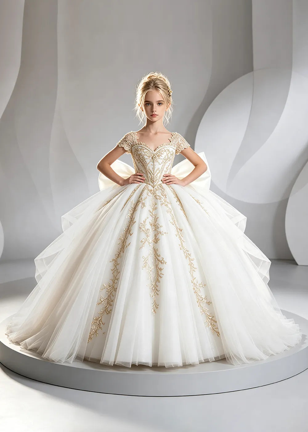 Cap Sleeve Sequin Bodice Flower Girl Dress with Bow and Gold Embroidery