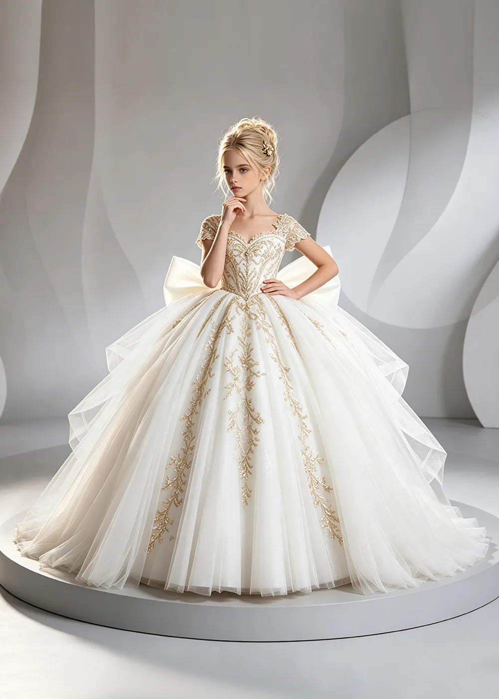 Cap Sleeve Sequin Bodice Flower Girl Dress with Bow and Gold Embroidery