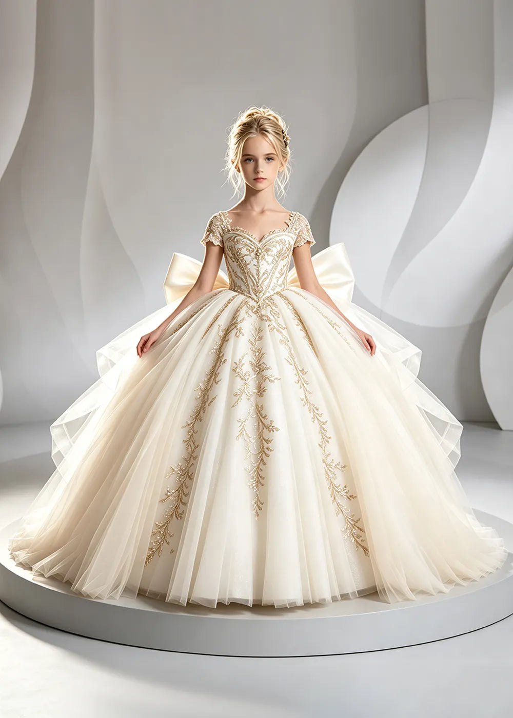 Cap Sleeve Sequin Bodice Flower Girl Dress with Bow and Gold Embroidery