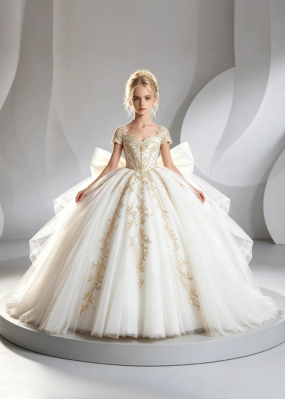 Cap Sleeve Sequin Bodice Flower Girl Dress with Bow and Gold Embroidery