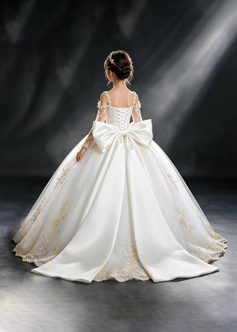 Ivory Gold Lace Flower Girl Dress with Floral Straps and Satin Bow