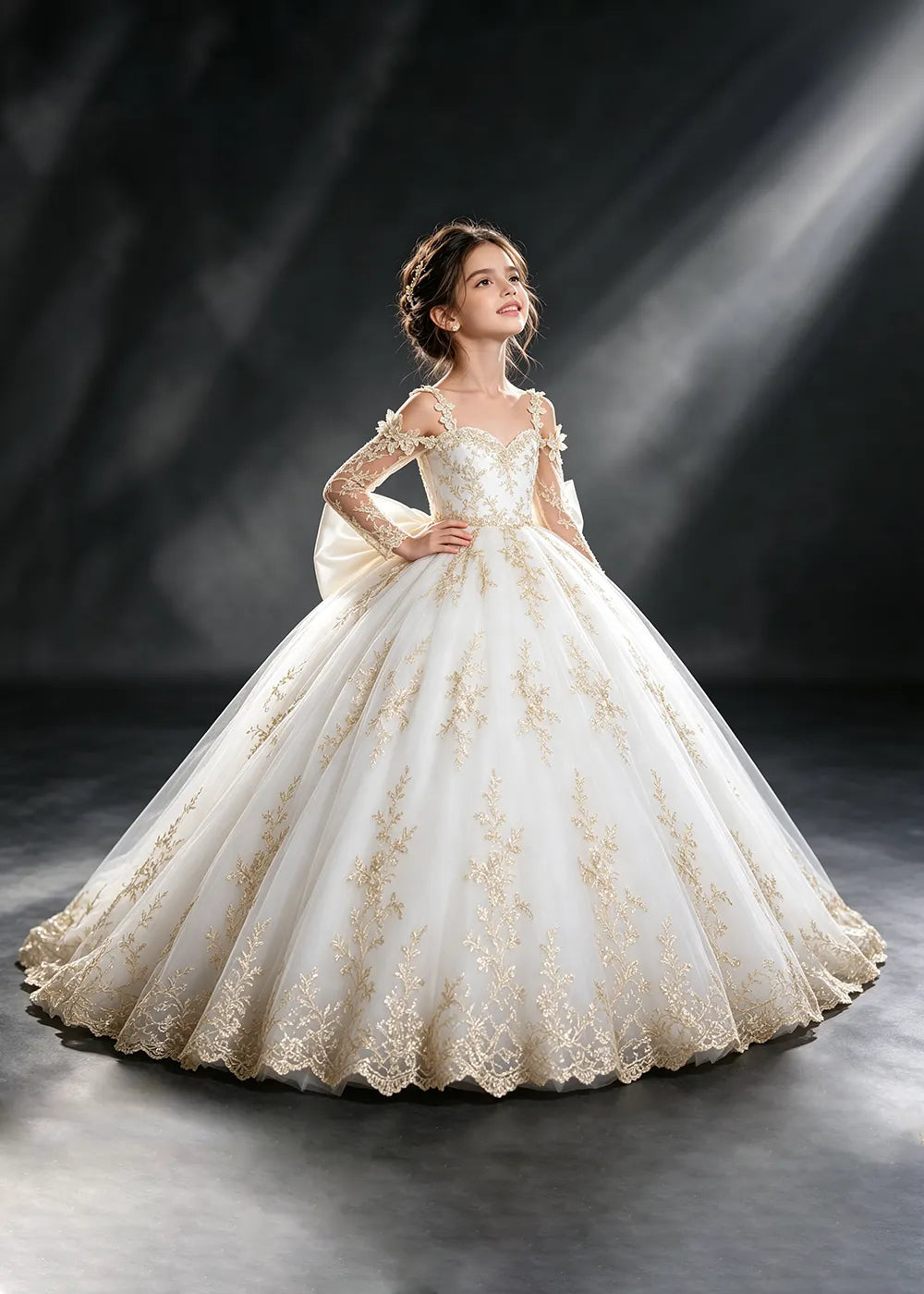 Ivory Gold Lace Flower Girl Dress with Floral Straps and Satin Bow