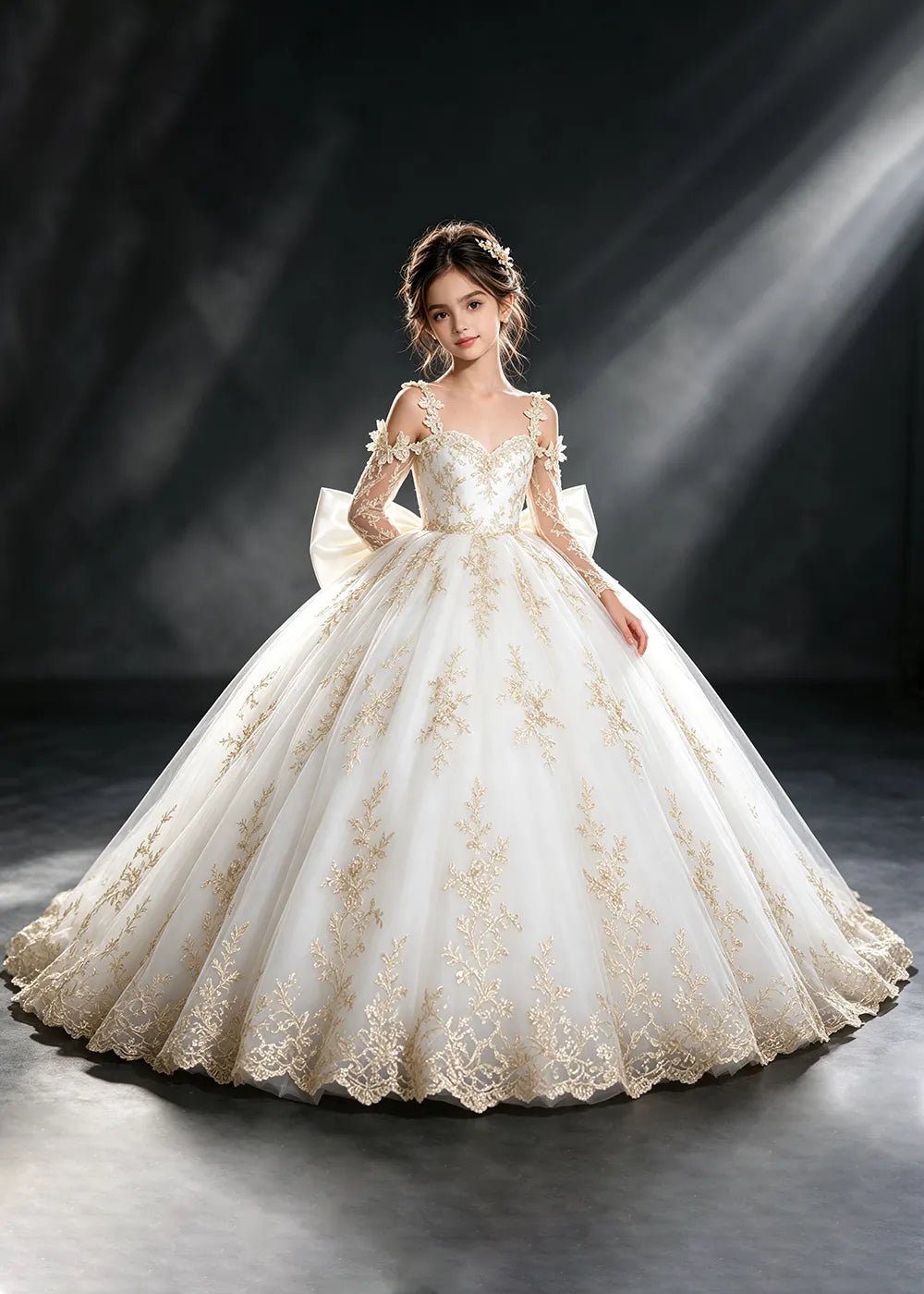 Ivory Gold Lace Flower Girl Dress with Floral Straps and Satin Bow