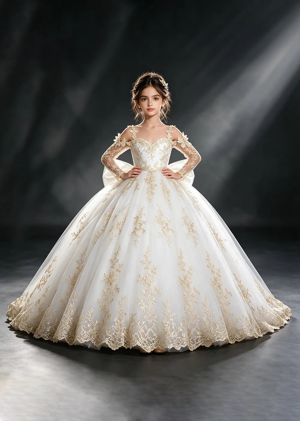 Ivory Gold Lace Flower Girl Dress with Floral Straps and Satin Bow