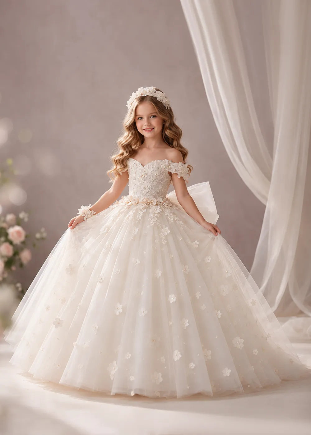 Ivory Flower Girl Dress with Off-Shoulder Florals and a Bow