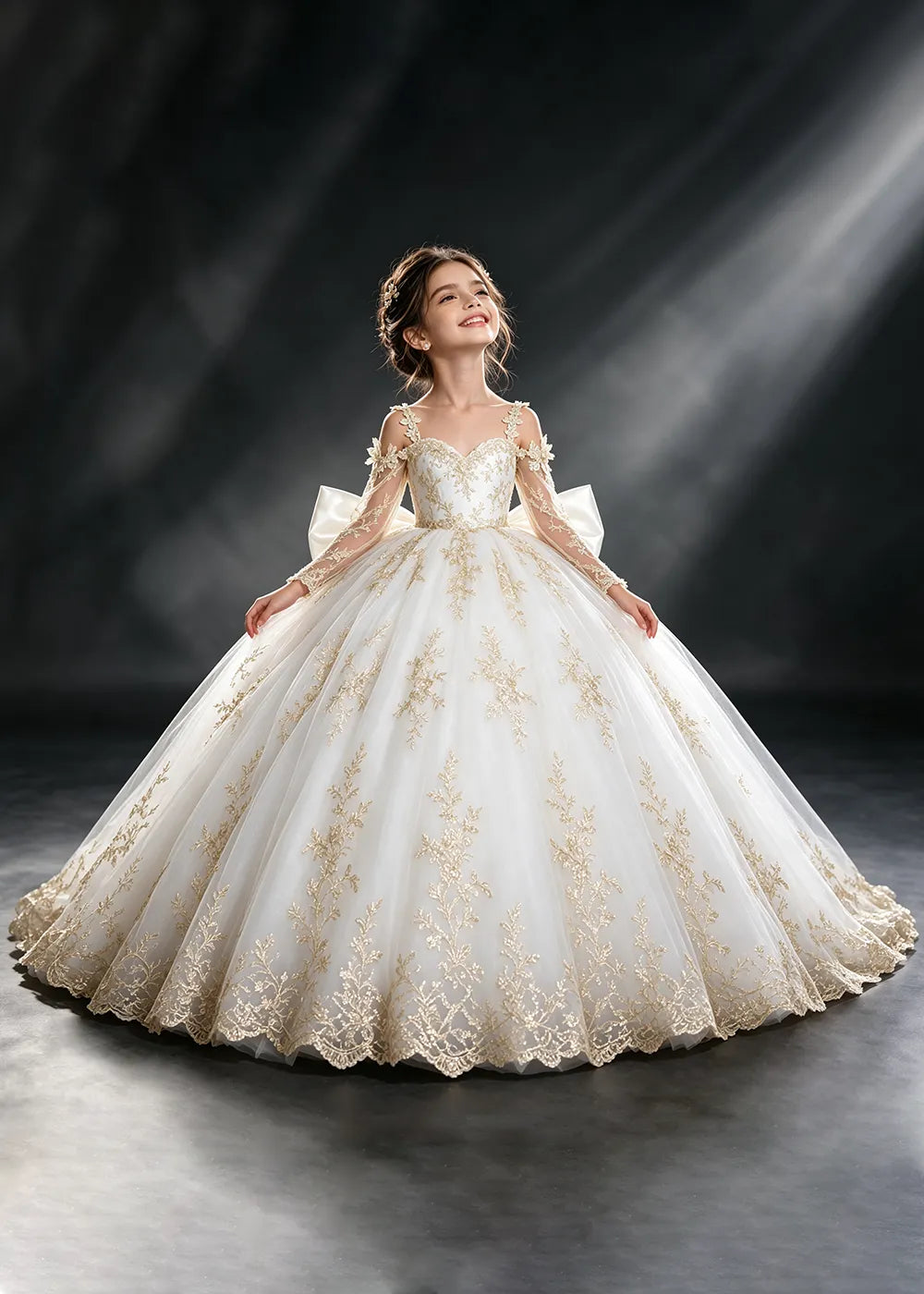 Ivory Gold Lace Flower Girl Dress with Floral Straps and Satin Bow