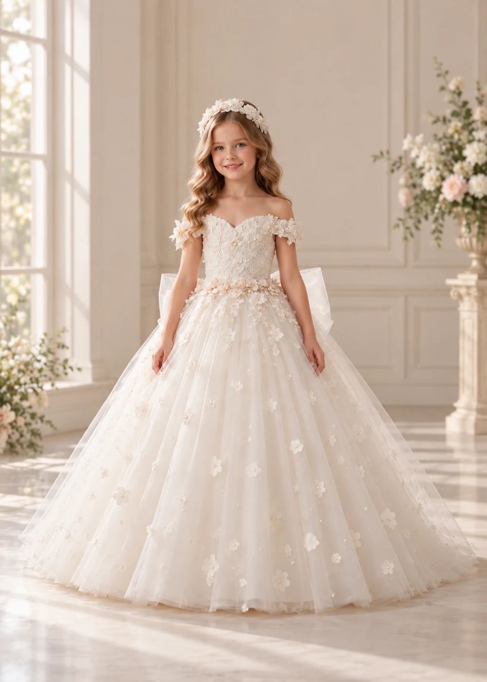 Ivory Flower Girl Dress with Off-Shoulder Florals and a Bow