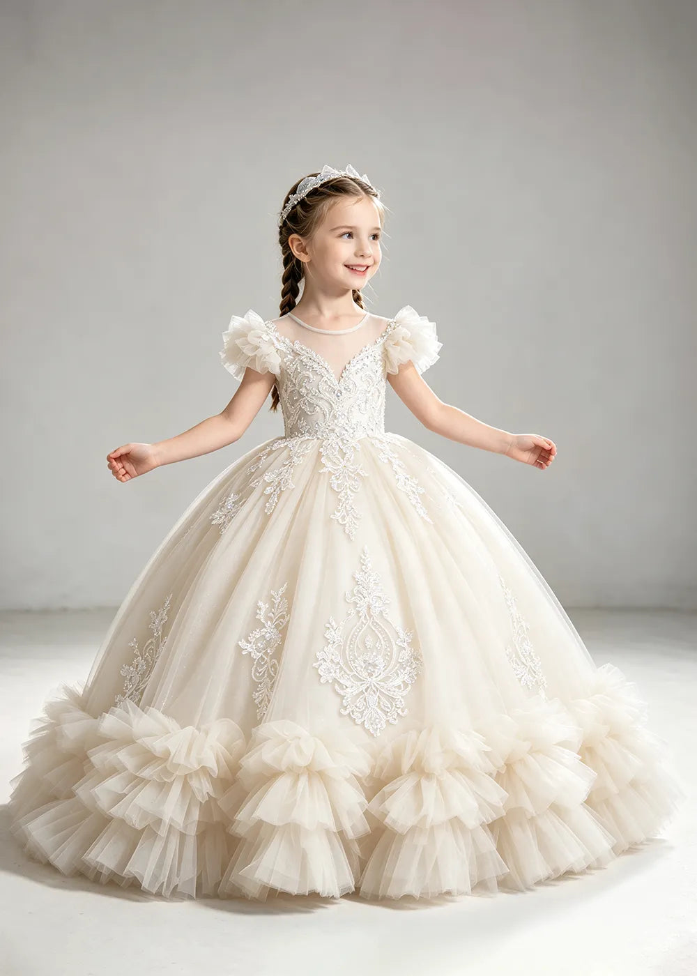 Muted Dusty Blue Flower Girl Ball Gown with White Floral Detail