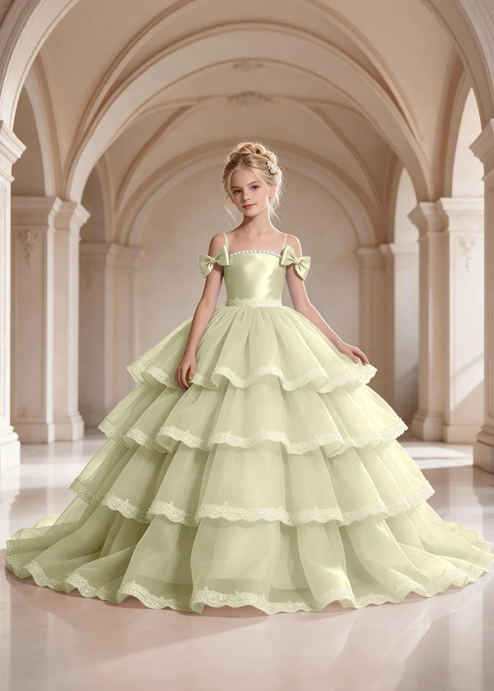 Light Blue Four-Tier Bow-Shoulder Flower Girl Dress