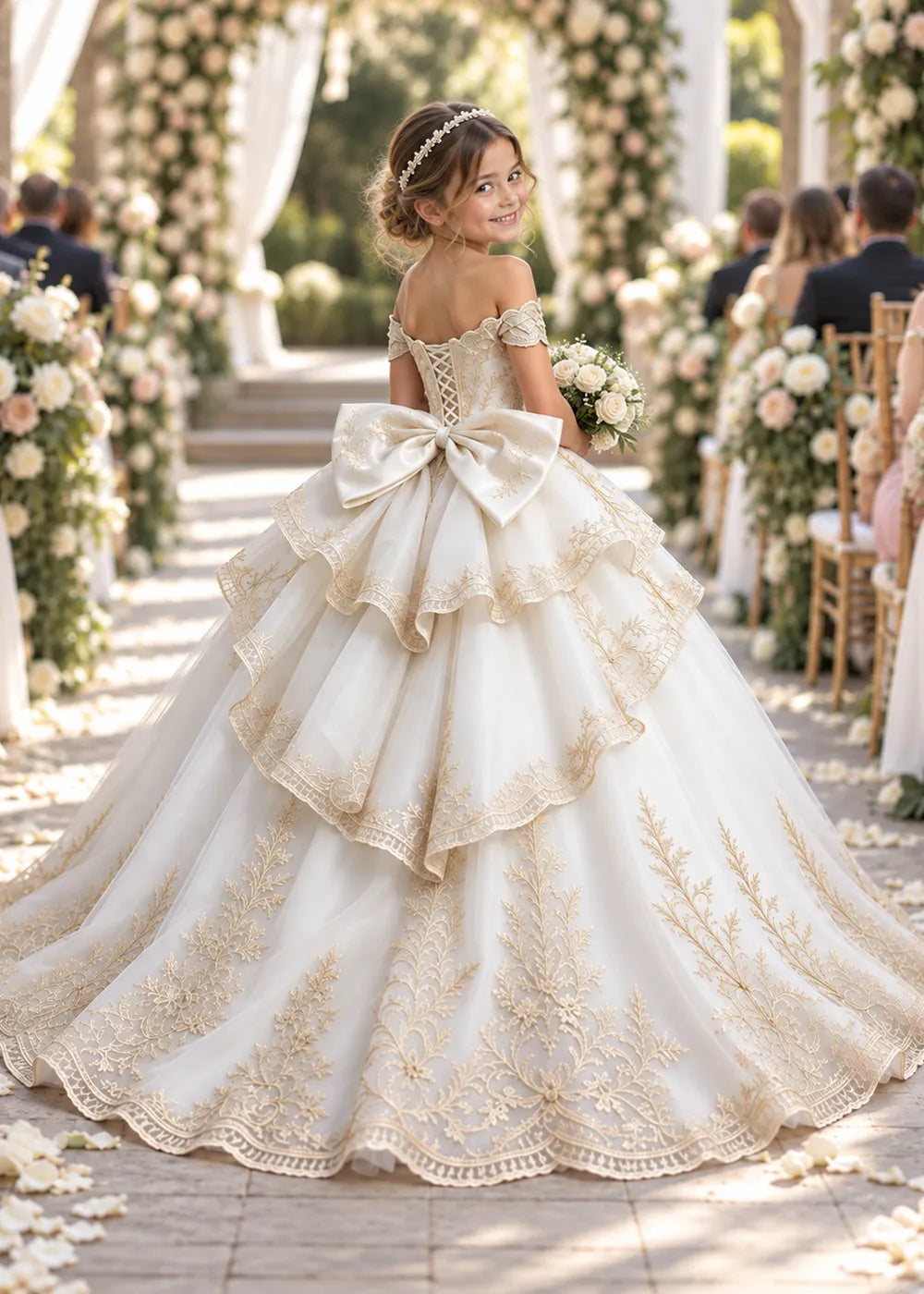Off-Shoulder Lace Flower Girl Dress with Bow and Scalloped Hem