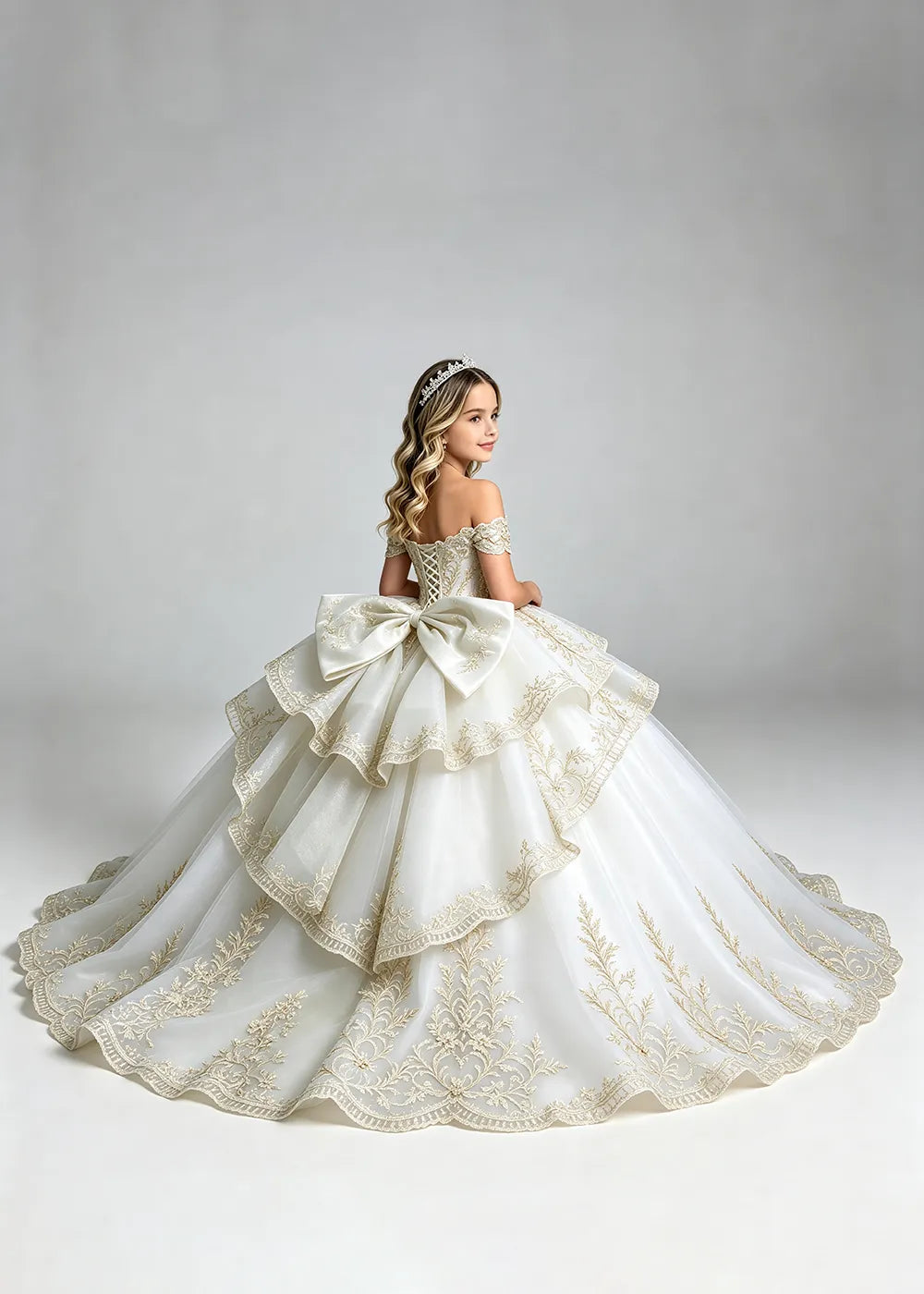 Off-Shoulder Lace Flower Girl Dress with Bow and Scalloped Hem
