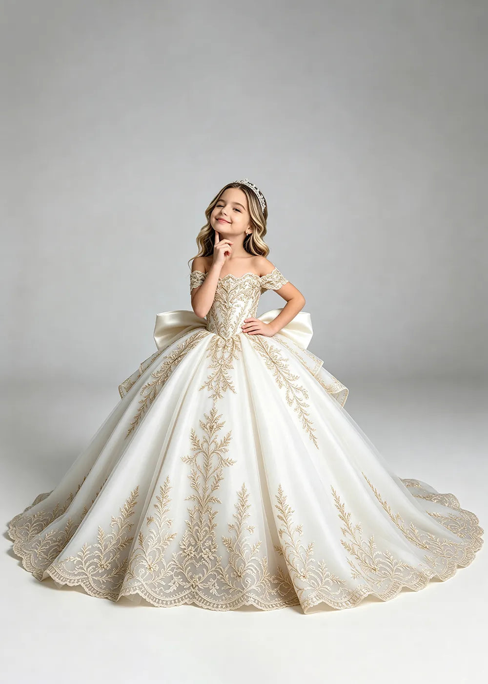 Off-Shoulder Lace Flower Girl Dress with Bow and Scalloped Hem
