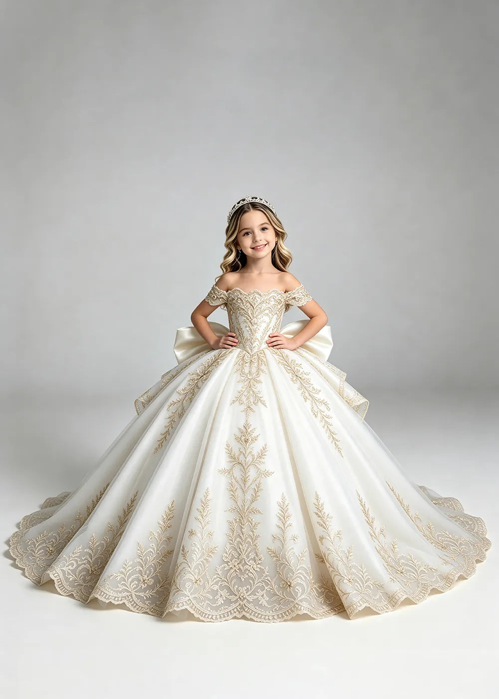 Off-Shoulder Lace Flower Girl Dress with Bow and Scalloped Hem