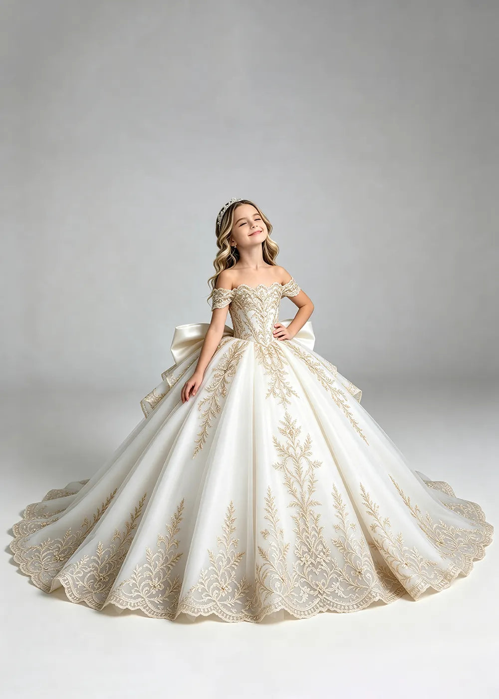 Off-Shoulder Lace Flower Girl Dress with Bow and Scalloped Hem
