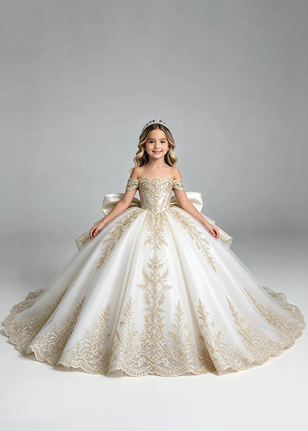 Off-Shoulder Lace Flower Girl Dress with Bow and Scalloped Hem