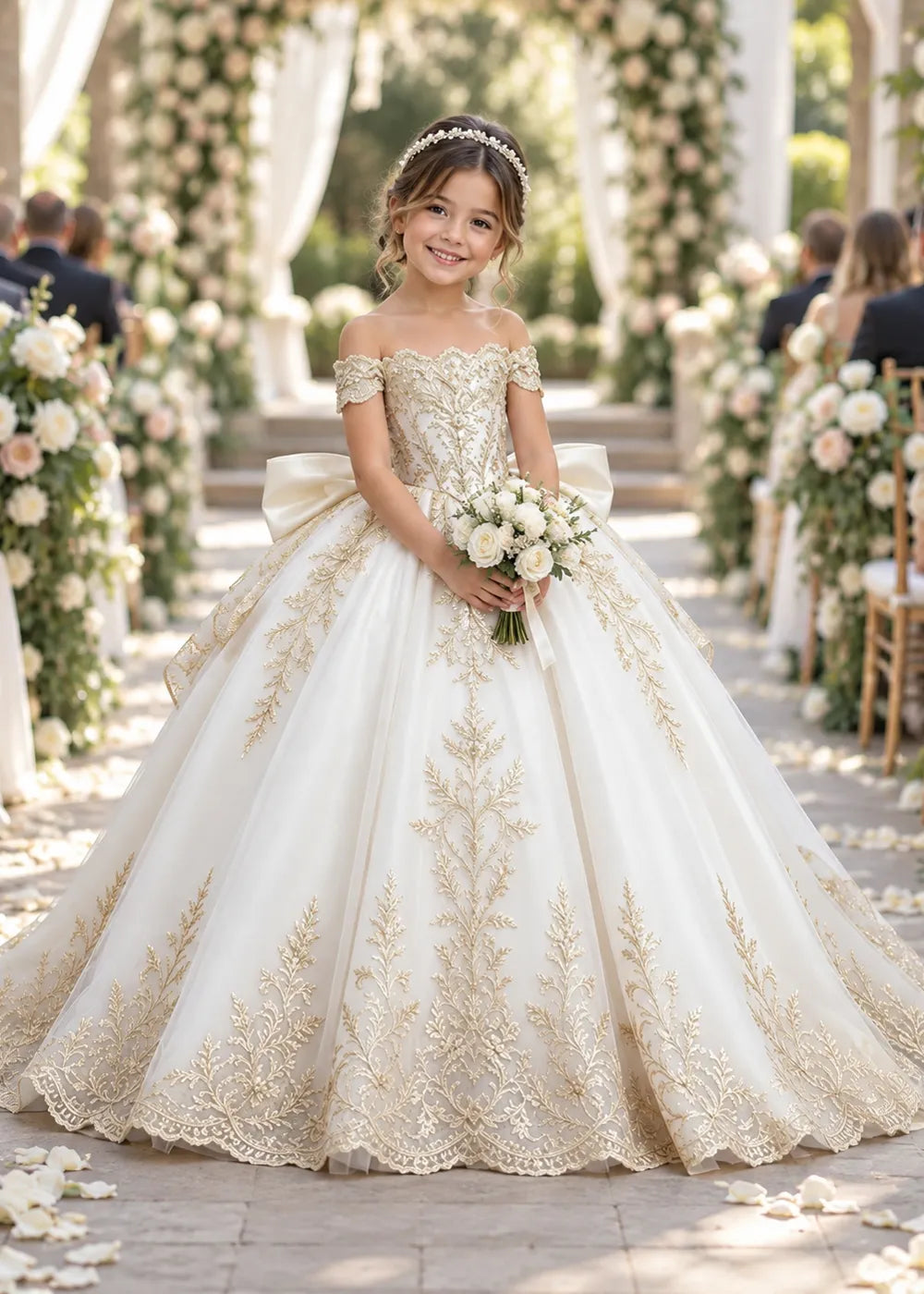 Off-Shoulder Lace Flower Girl Dress with Bow and Scalloped Hem