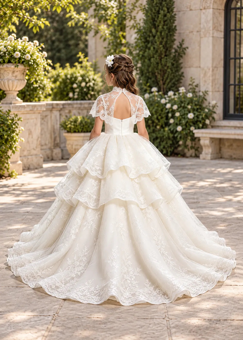 Flower girl dress in Ivory, back view.