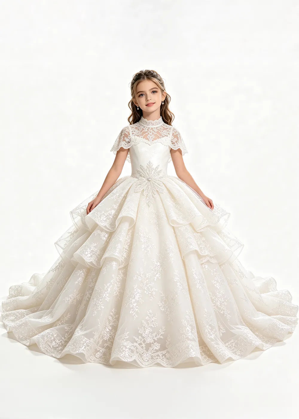 Flower girl dress in Ivory, front view.