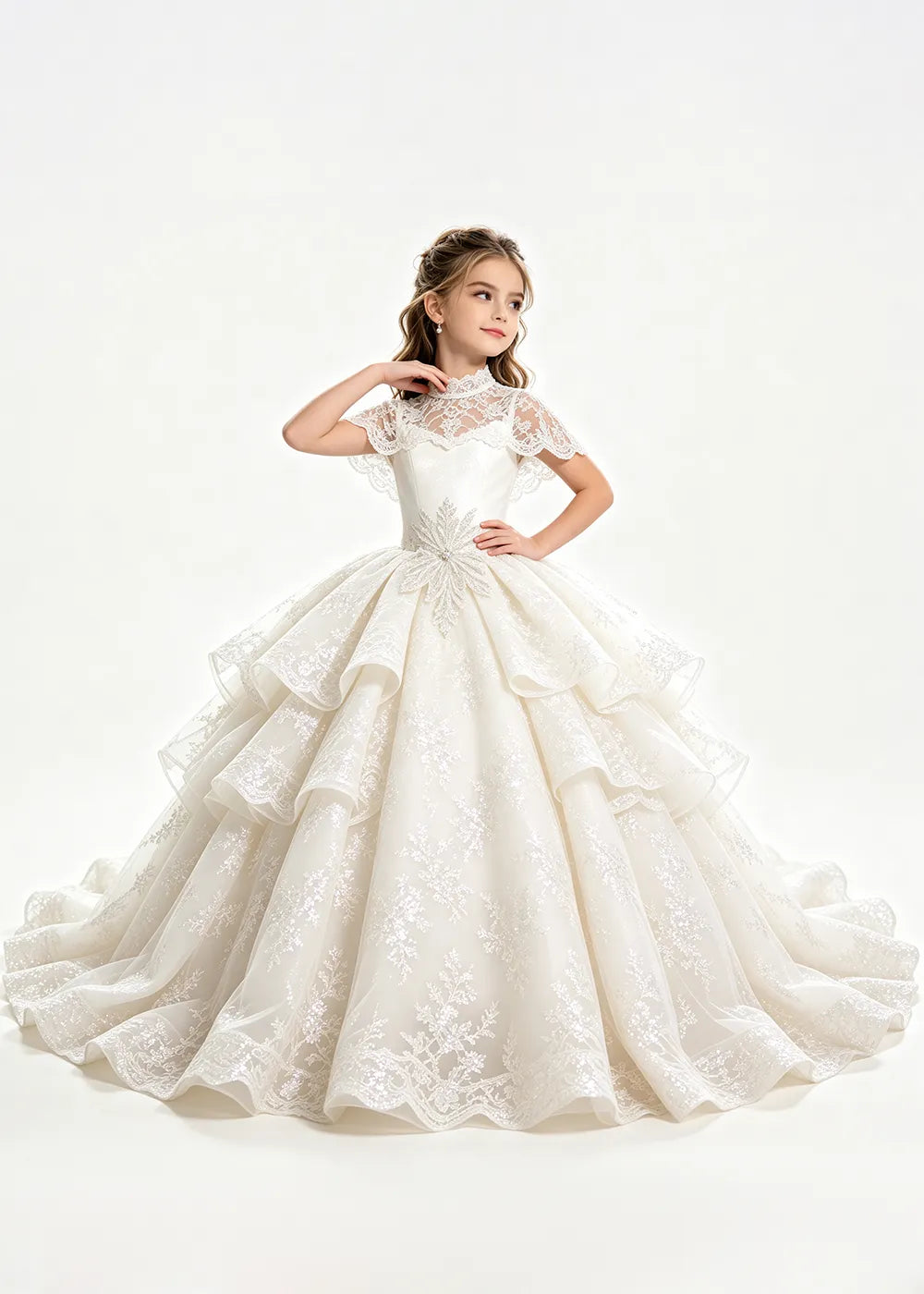 Flower girl dress in Ivory, front view.
