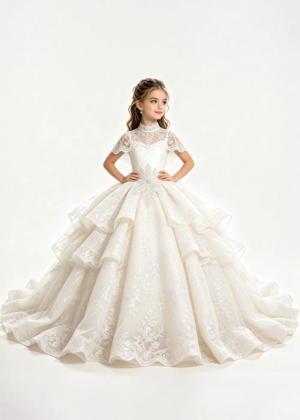 Flower girl dress in Ivory, front view.
