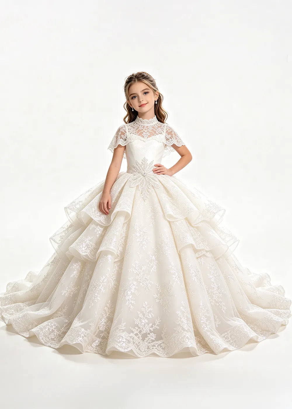 Flower girl dress in Ivory, front view.