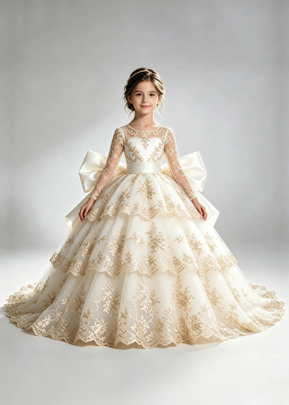 Long Sleeve Lace Flower Girl Dress with Sash Bow and Tiered Skirt