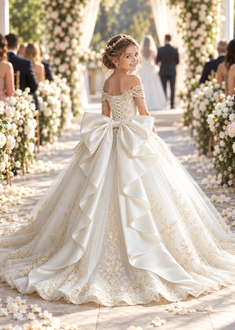 Off-Shoulder Sequin Lace Flower Girl Dress with Bow and Flounced Hem