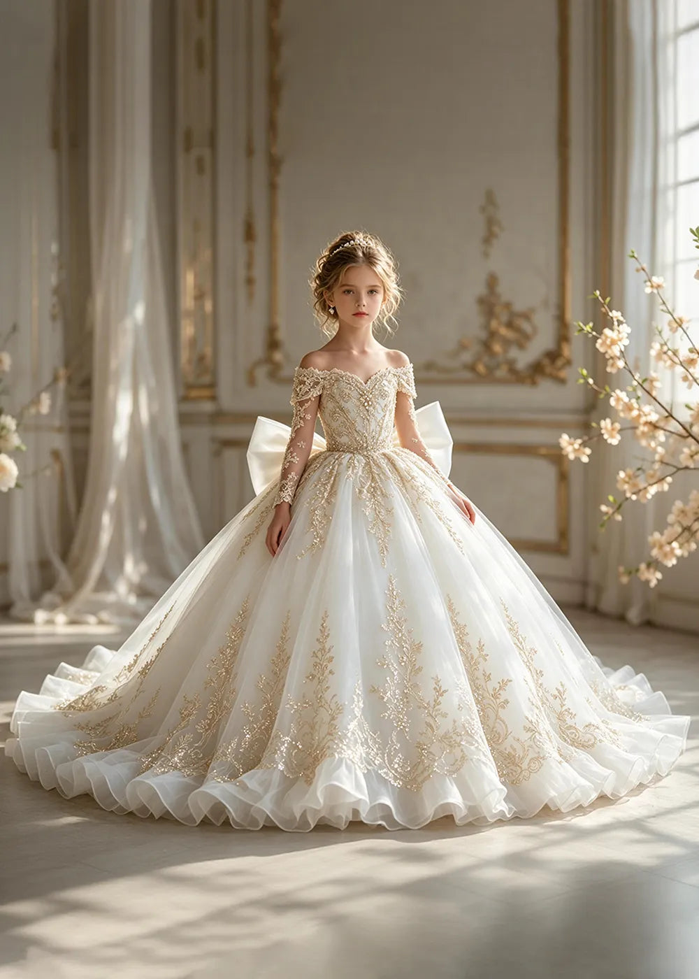Off-Shoulder Sequin Lace Flower Girl Dress with Bow and Flounced Hem