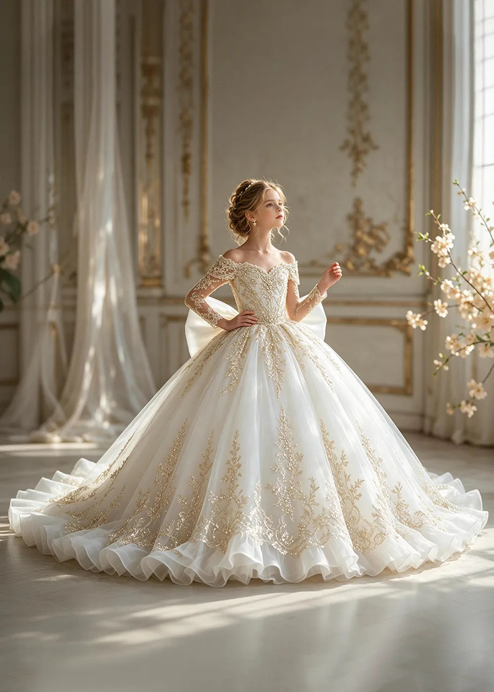 Off-Shoulder Sequin Lace Flower Girl Dress with Bow and Flounced Hem