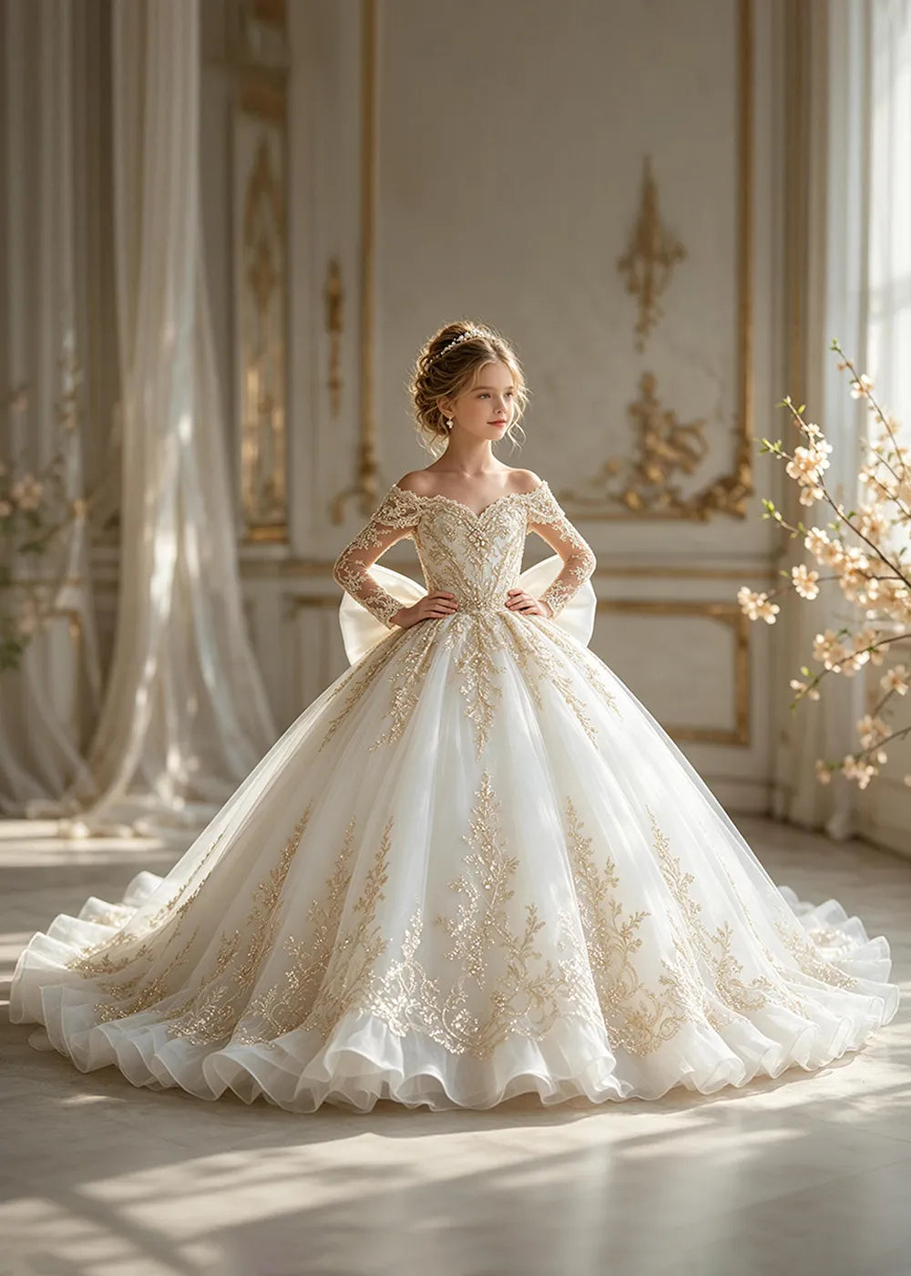 Off-Shoulder Sequin Lace Flower Girl Dress with Bow and Flounced Hem