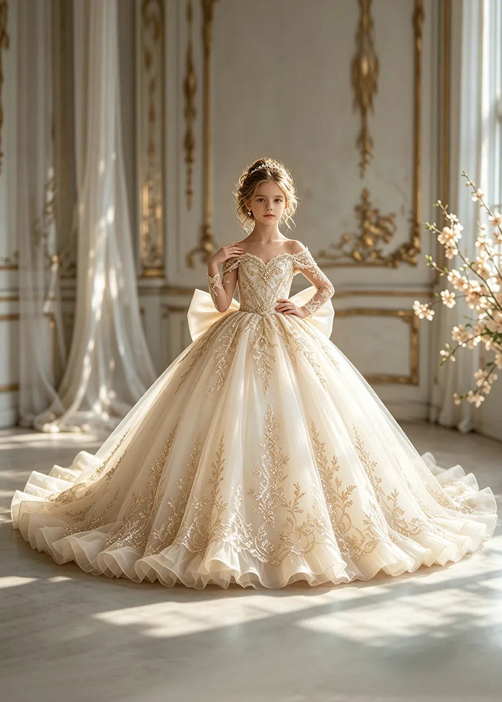 Off-Shoulder Sequin Lace Flower Girl Dress with Bow and Flounced Hem