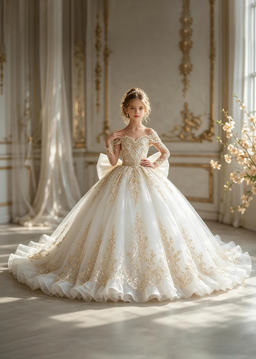 Off-Shoulder Sequin Lace Flower Girl Dress with Bow and Flounced Hem