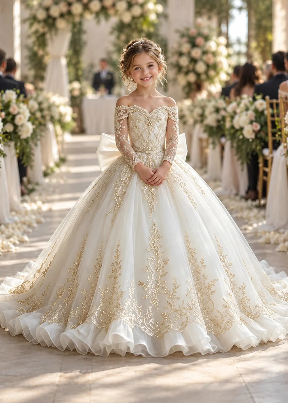 Off-Shoulder Sequin Lace Flower Girl Dress with Bow and Flounced Hem