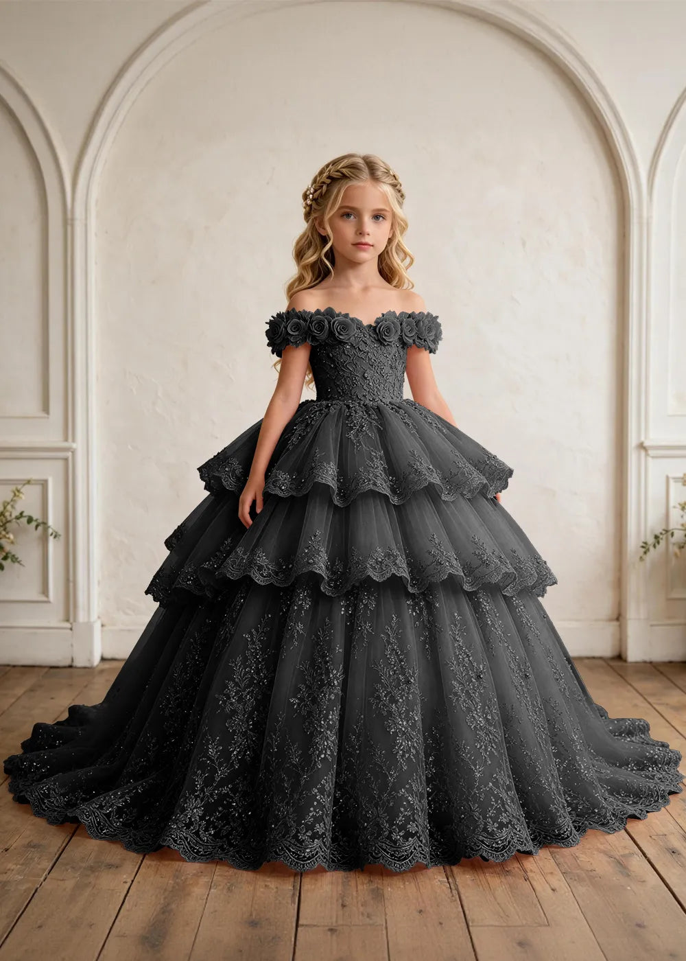 Off Shoulder Floral Lace Princess Ball Gown for Girls