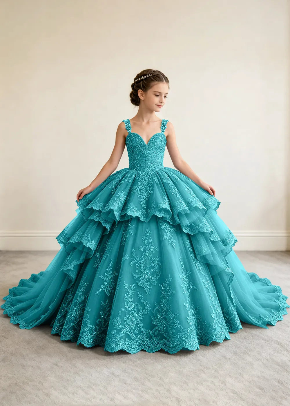 V-Neck Tiered Lace Flower Girl Ball Gown Dress