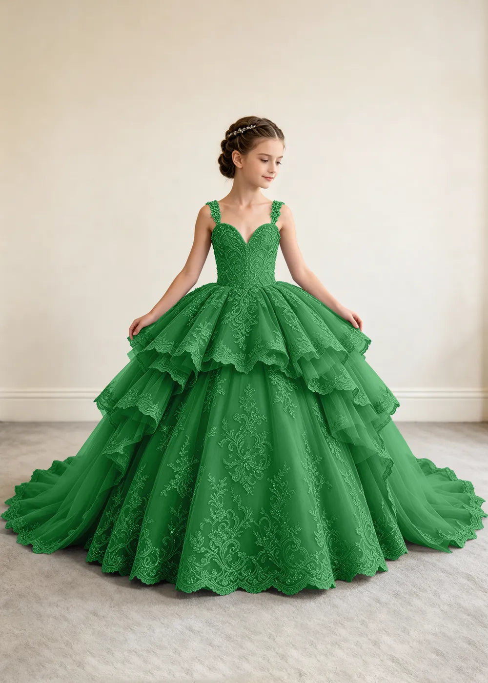 V-Neck Tiered Lace Flower Girl Ball Gown Dress