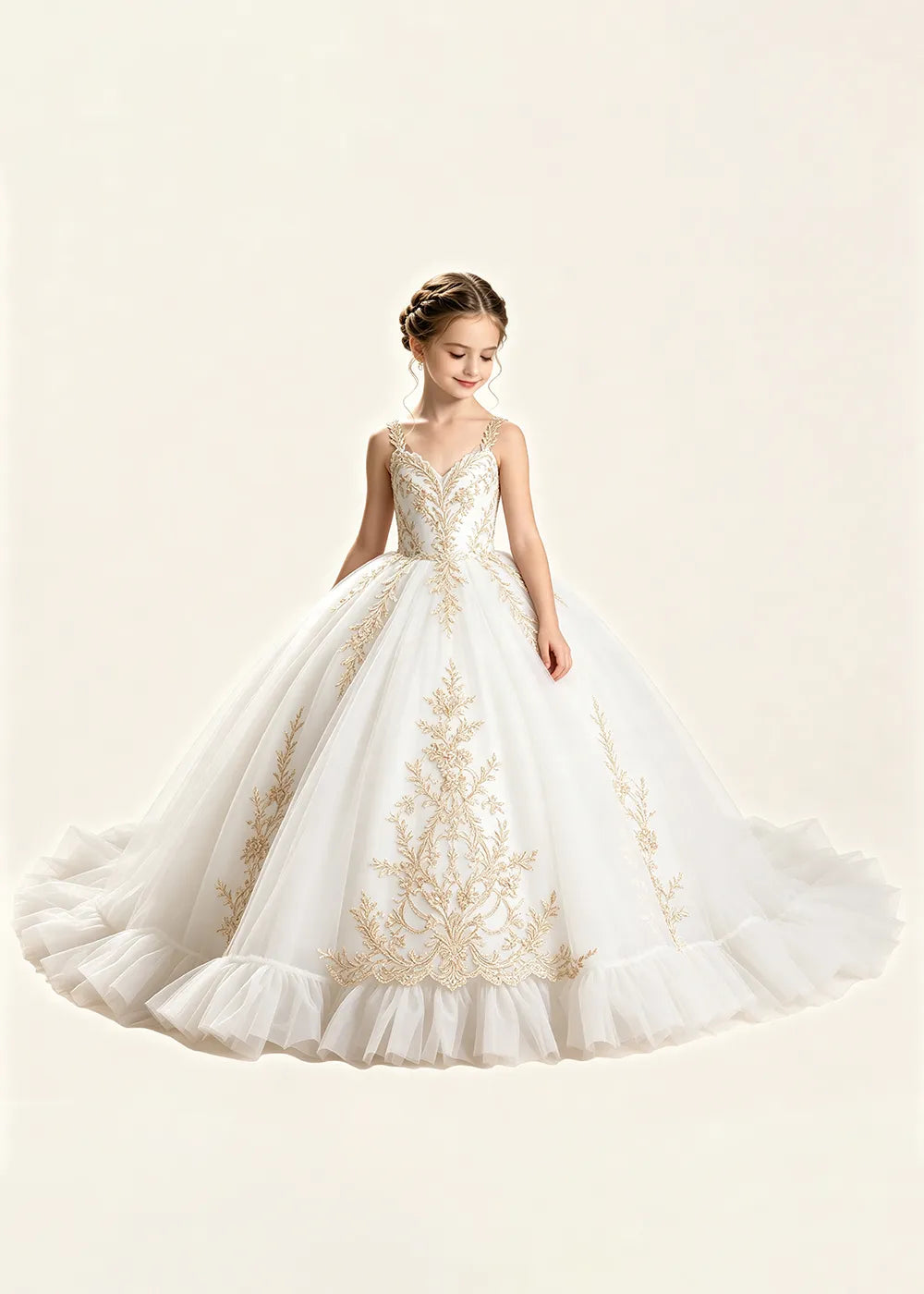 Gold Appliqué V-Neck Princess Dress for Girls